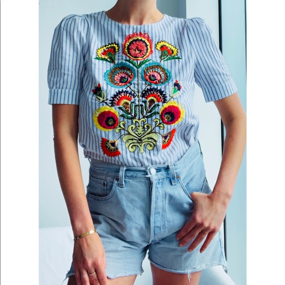 Manoush Tops - NWOT Manoush Striped and Embroidered Floral Top